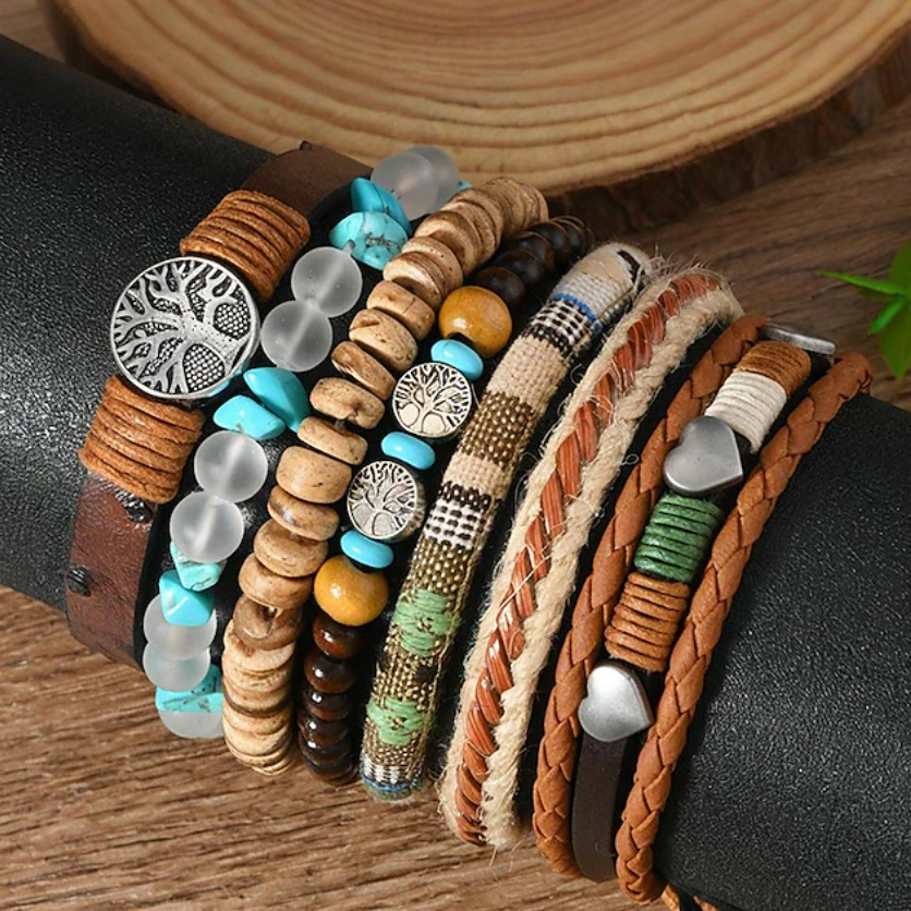 Boho Leren Armbandenset met kralen voor mannen en vrouwen