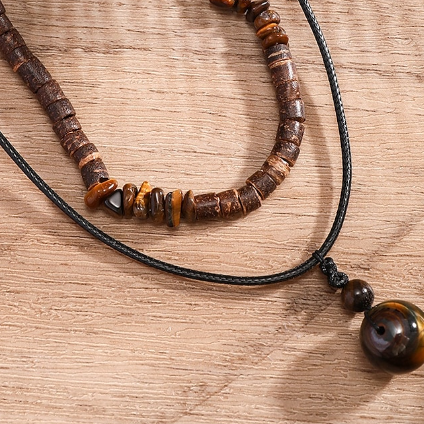 Boho gelaagde herenketting met houten kralen en hanger