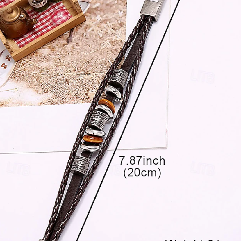 Armband van gevlochten leer voor heren met vintage metalen kralen