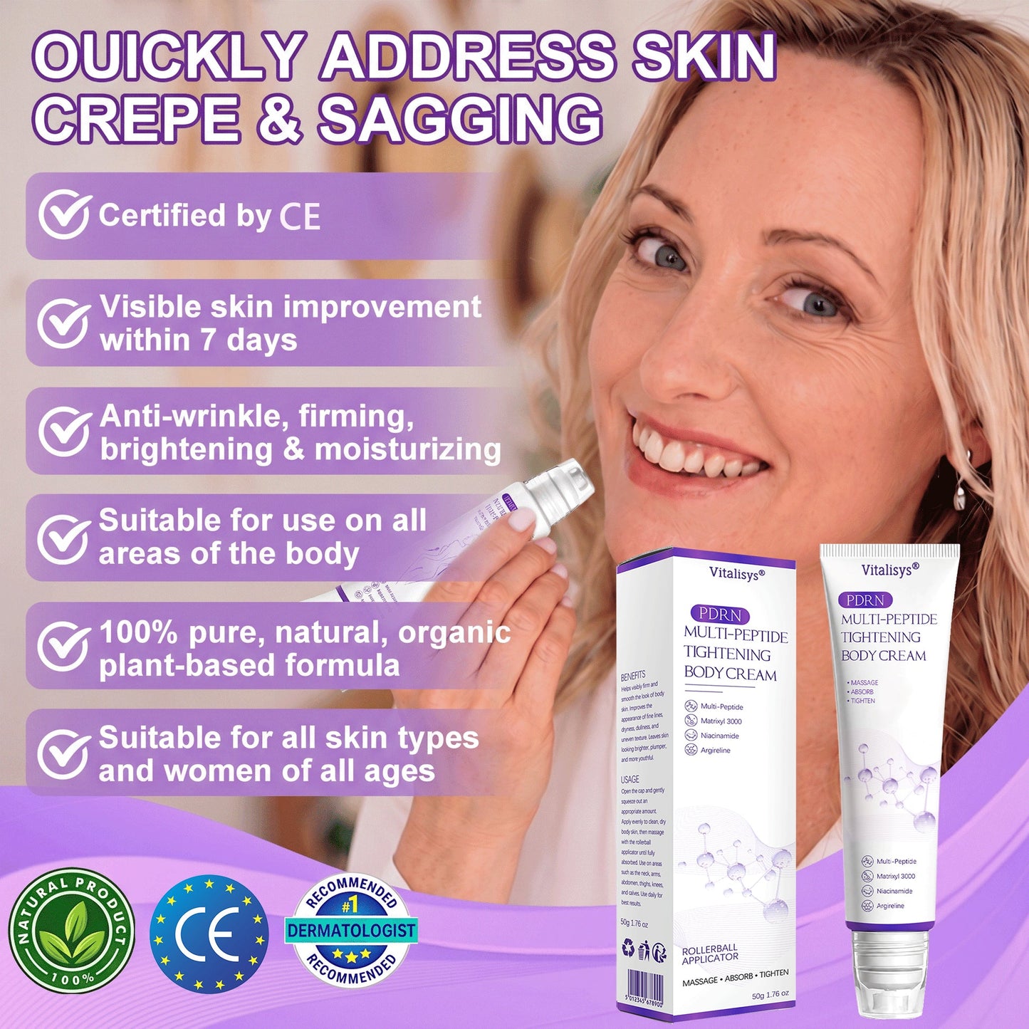 Vitalisys® 🍅 Crema Corporal con Rodillo de PDRN y Multi-Péptidos: Antiedad, Hidratación, Reafirmación, Reparación de la Piel, Tono Uniforme, Tratamiento de Acné y Manchas, Reducción de Verrugas y Lunares, y Alivio de la Psoriasis.