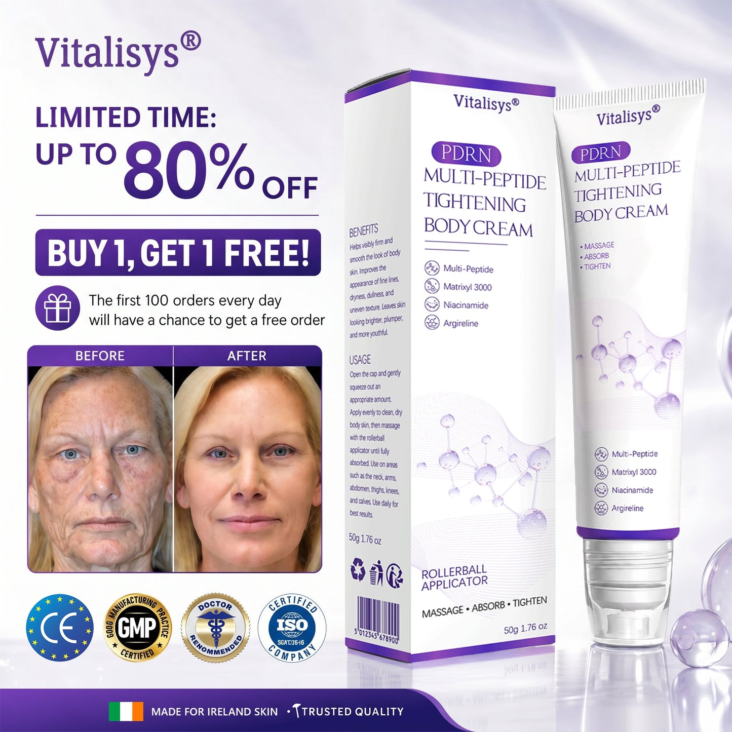 Vitalisys® 🍅 Crema Corporal con Rodillo de PDRN y Multi-Péptidos: Antiedad, Hidratación, Reafirmación, Reparación de la Piel, Tono Uniforme, Tratamiento de Acné y Manchas, Reducción de Verrugas y Lunares, y Alivio de la Psoriasis.