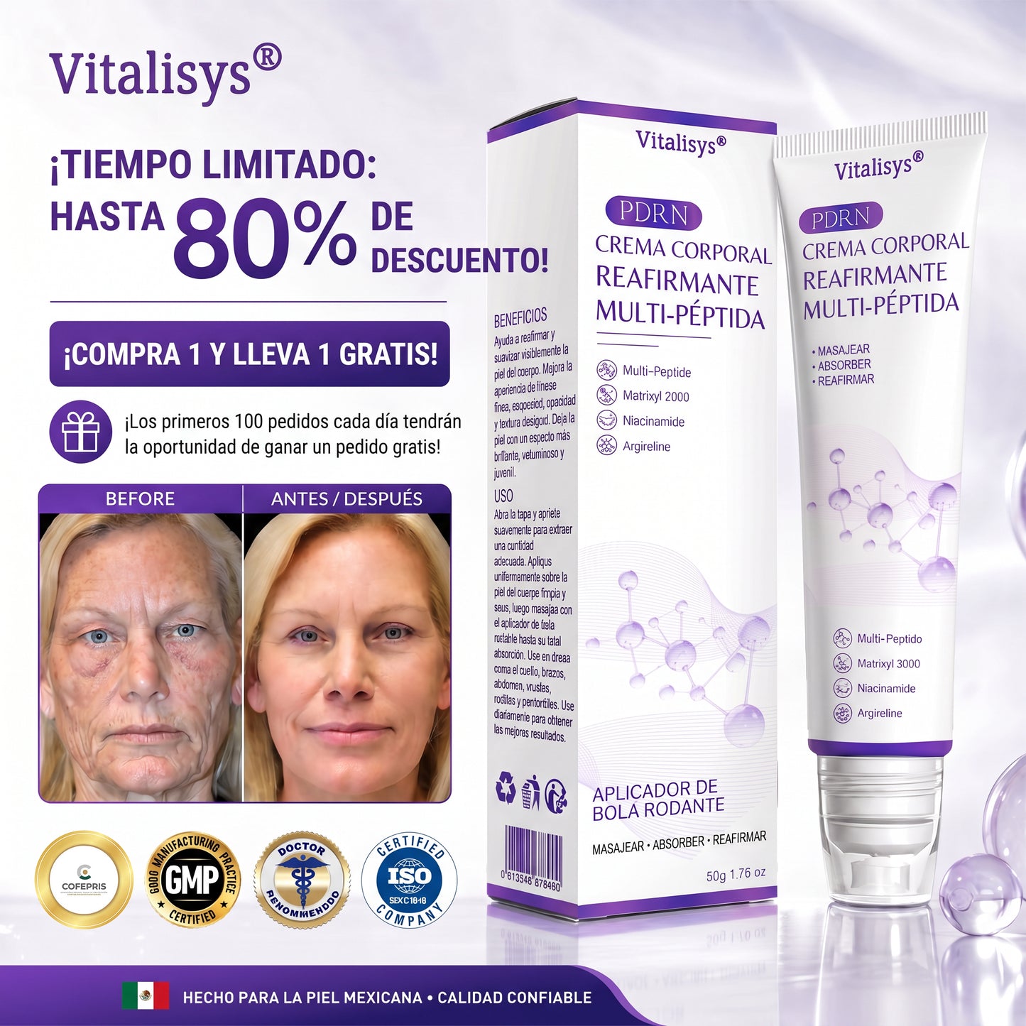 30% de descuento exclusivo: Vitalisys® 💎💎 Crema Corporal con Rodillo PDRN y Multi-Péptidos: Antiedad, Hidratación, Reafirmación, Reparación de la Piel, Tono Uniforme, Tratamiento de Manchas y Acné, Reducción de Verrugas y Lunares.