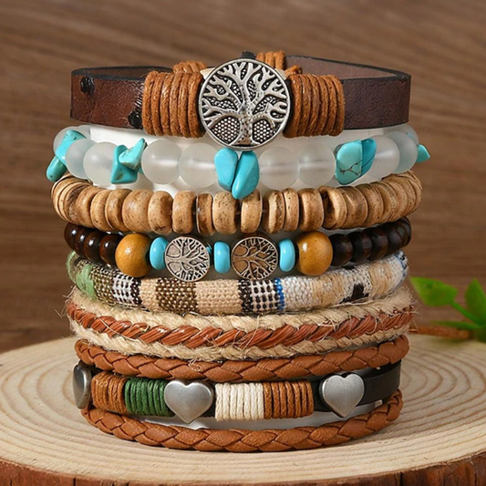 Boho Leren Armbandenset met kralen voor mannen en vrouwen