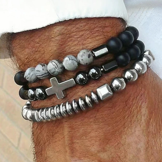 Heren Obsidiaan kralen Kruis Armband Set