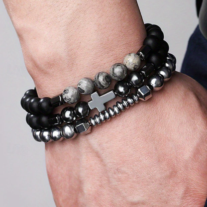 Heren Obsidiaan kralen Kruis Armband Set