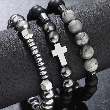 Heren Obsidiaan kralen Kruis Armband Set