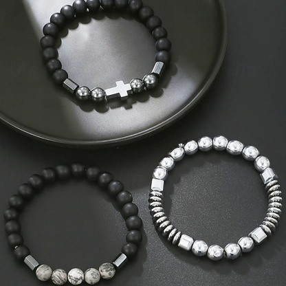 Heren Obsidiaan kralen Kruis Armband Set