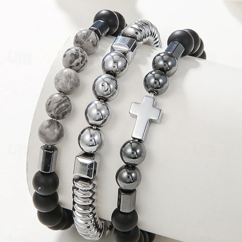 Heren Obsidiaan kralen Kruis Armband Set