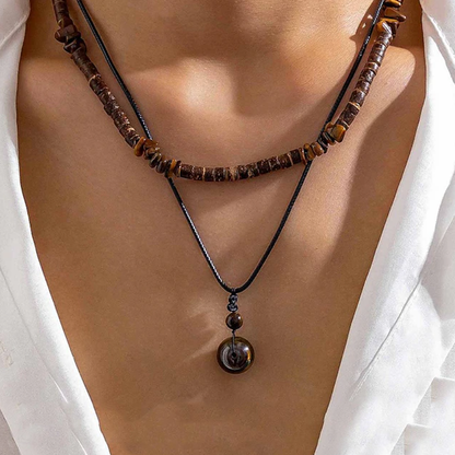 Boho gelaagde herenketting met houten kralen en hanger
