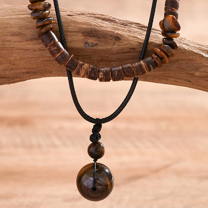 Boho gelaagde herenketting met houten kralen en hanger