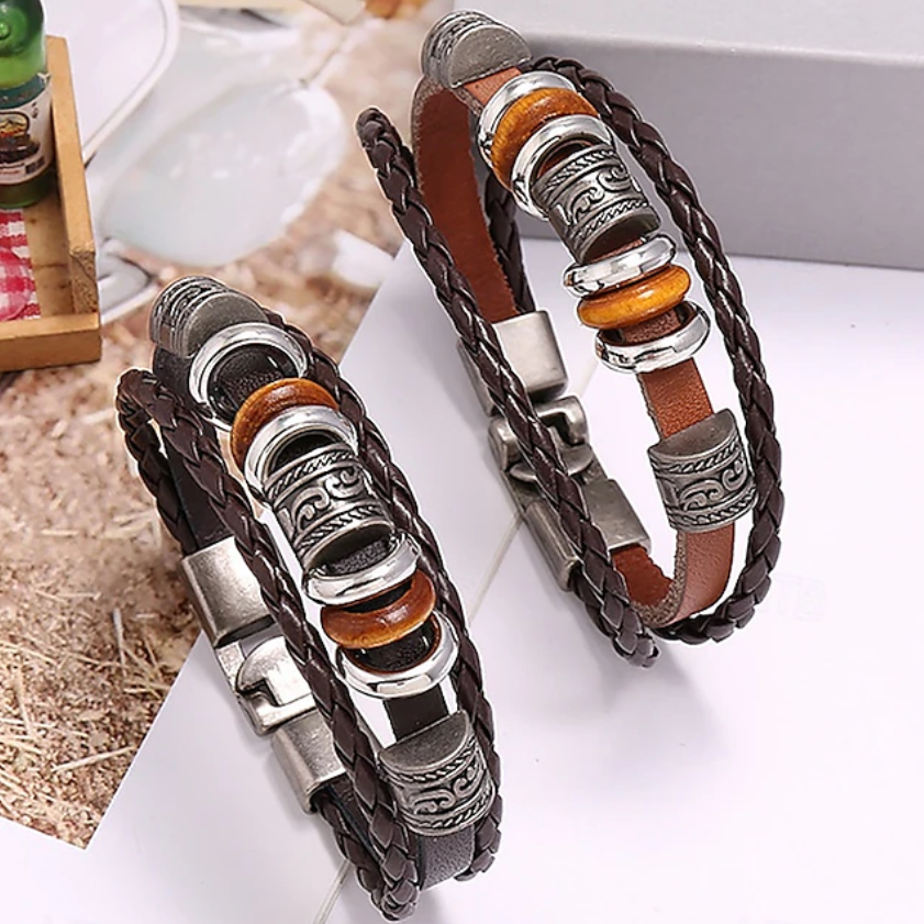Armband van gevlochten leer voor heren met vintage metalen kralen