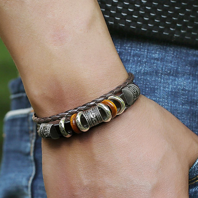 Armband van gevlochten leer voor heren met vintage metalen kralen