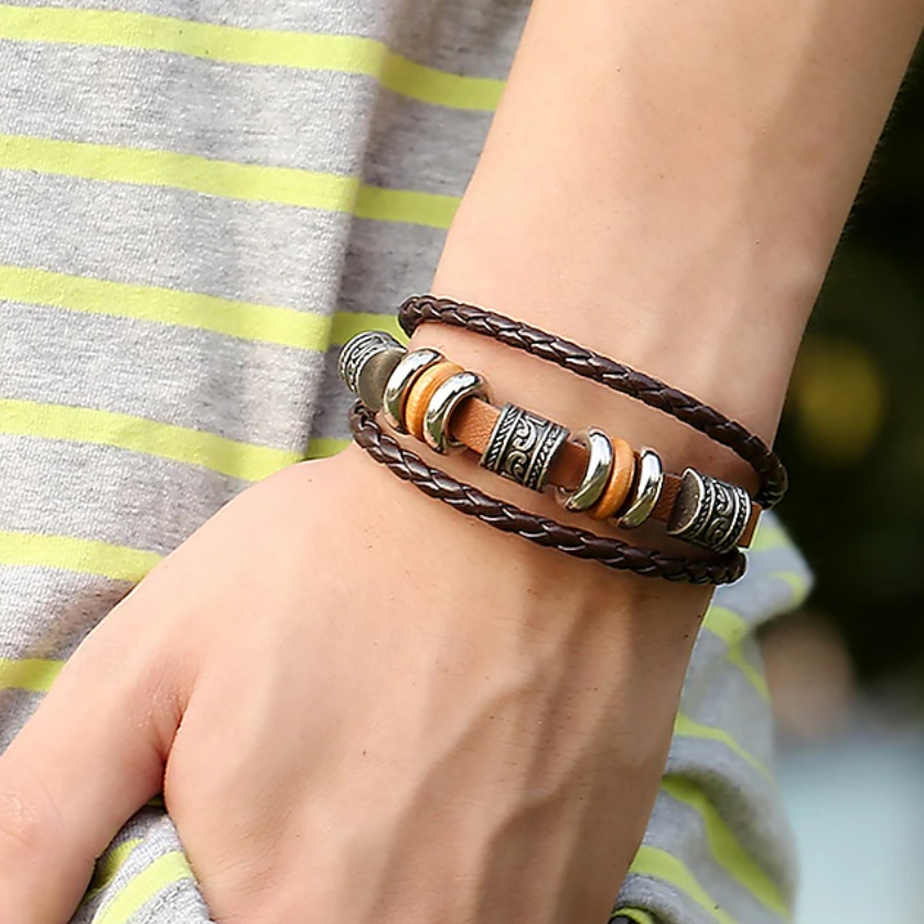 Armband van gevlochten leer voor heren met vintage metalen kralen