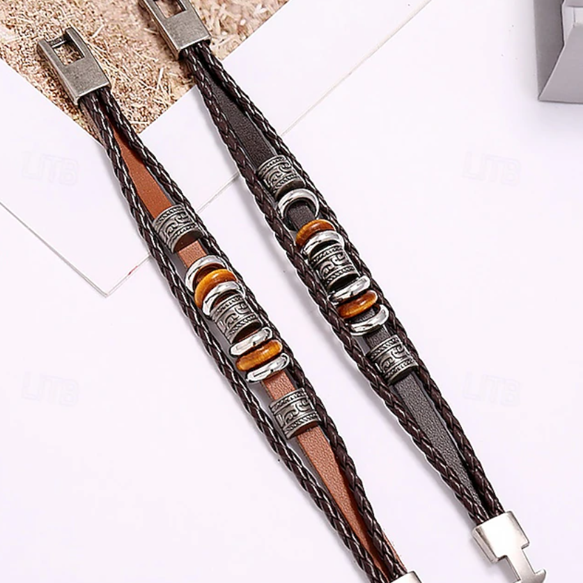 Armband van gevlochten leer voor heren met vintage metalen kralen