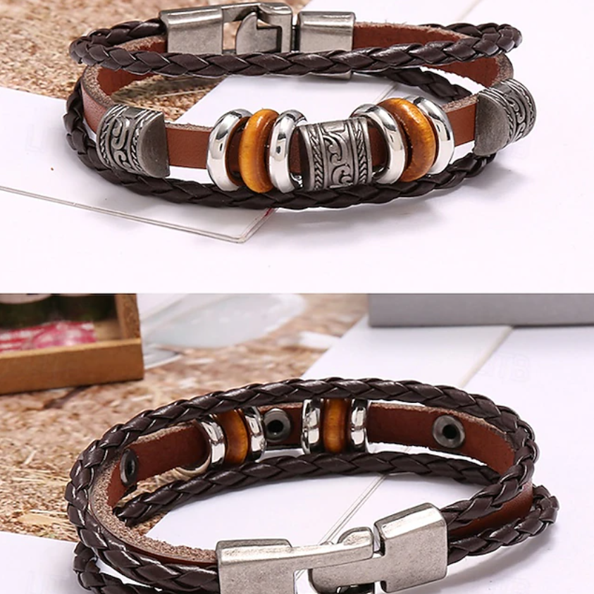 Armband van gevlochten leer voor heren met vintage metalen kralen